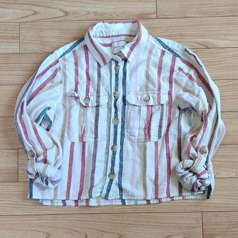 American Eagle Linen Striped Button Up Casual Shirt Size XS